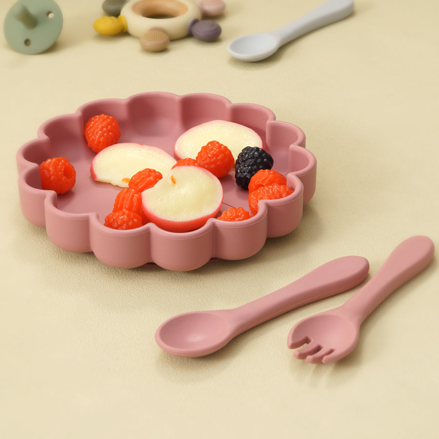 Cute Lion Shape Suction Plate Baby Silicone Tableware Set Solid Color Spoon Fork Feeding Training Baby Dinner Set