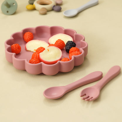 Cute Lion Shape Suction Plate Baby Silicone Tableware Set Solid Color Spoon Fork Feeding Training Baby Dinner Set