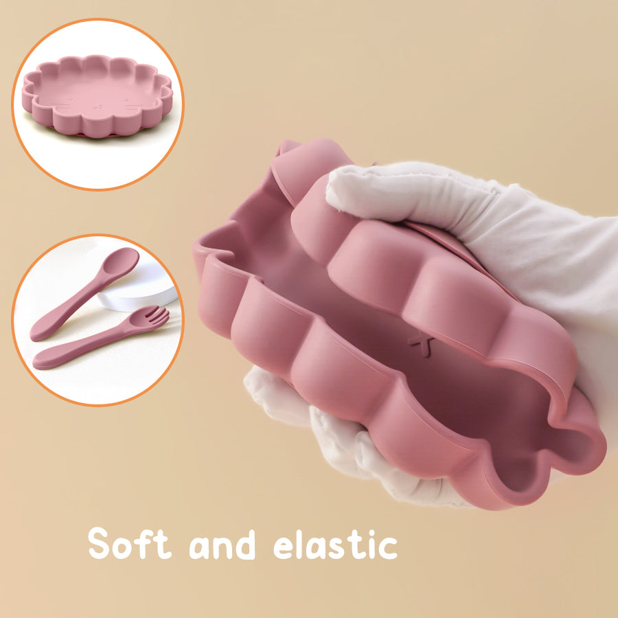 Cute Lion Shape Suction Plate Baby Silicone Tableware Set Solid Color Spoon Fork Feeding Training Baby Dinner Set