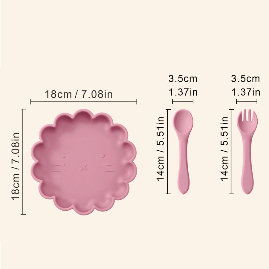 Cute Lion Shape Suction Plate Baby Silicone Tableware Set Solid Color Spoon Fork Feeding Training Baby Dinner Set