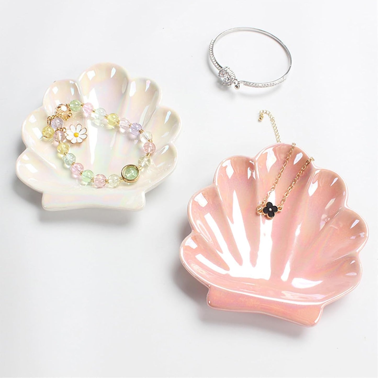 Ceramic Shell Trinket Dish, Jewelry Holder Tray, Cute Vanity Decoration for Bathroom