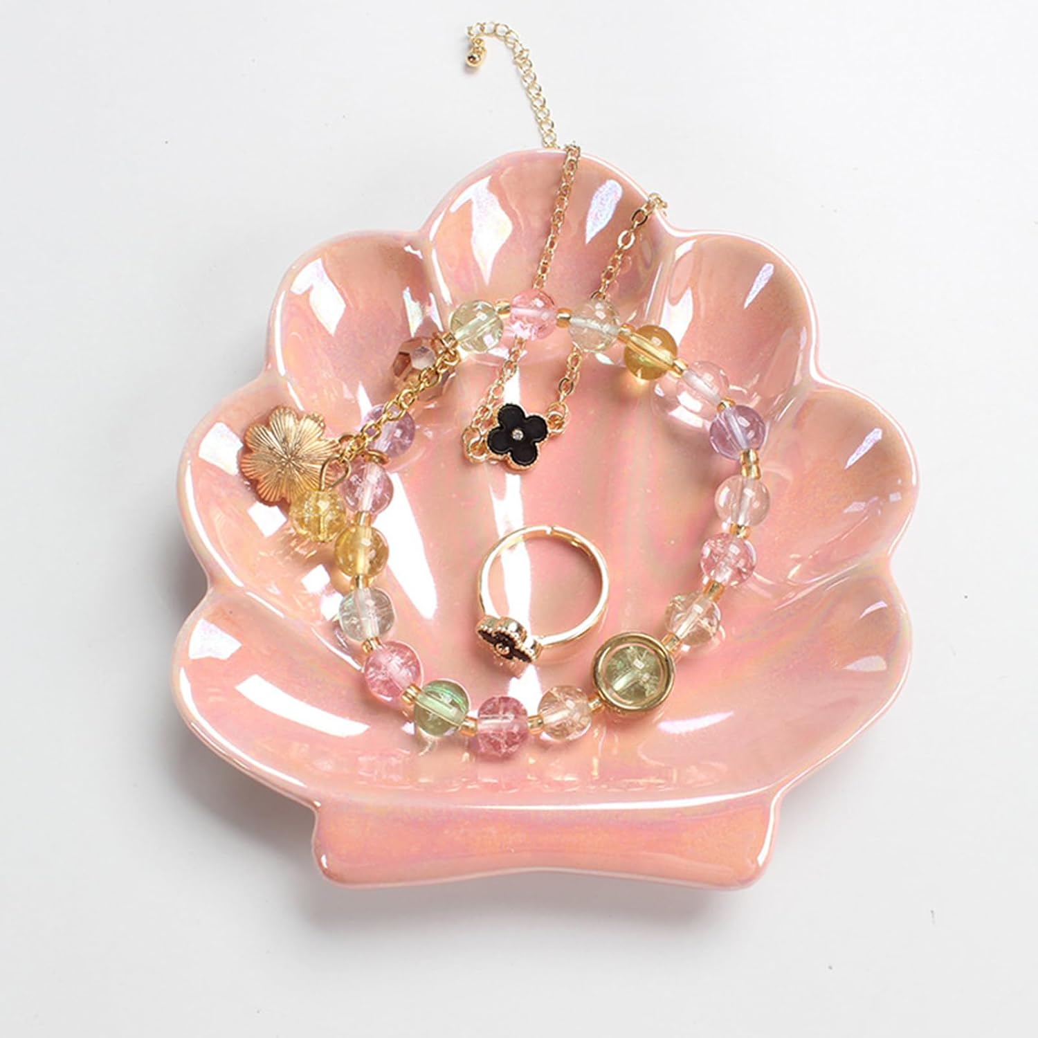 Ceramic Shell Trinket Dish, Jewelry Holder Tray, Cute Vanity Decoration for Bathroom