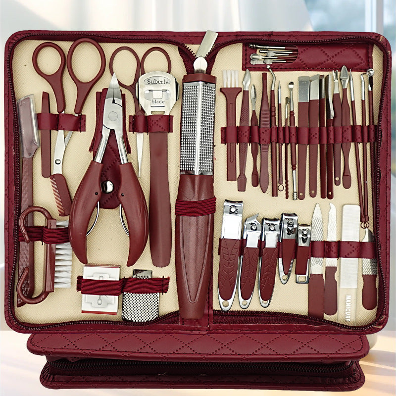 Stainless steel manicure set with zipper leather bag, nail clipper kit for fingernails and toenails, manicure tools