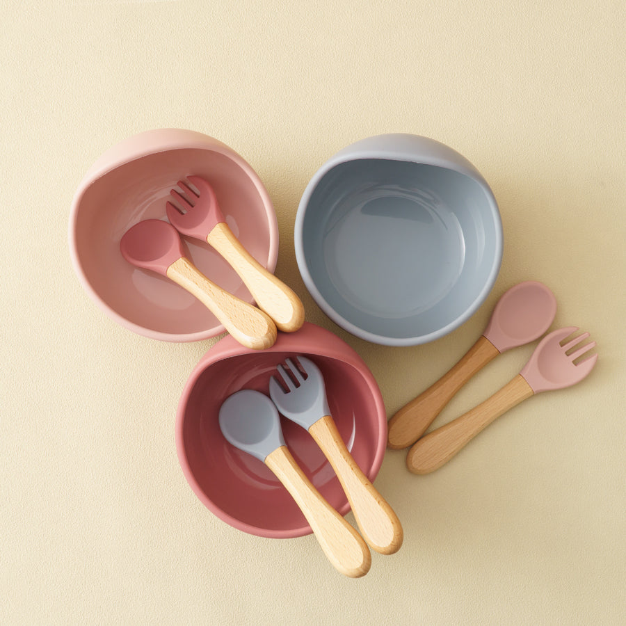 Baby Feeding Bowl Set Silicone, Children Tableware Suction Bowl Set, Wood Spoon Fork Learning Dishes, Baby Stuff