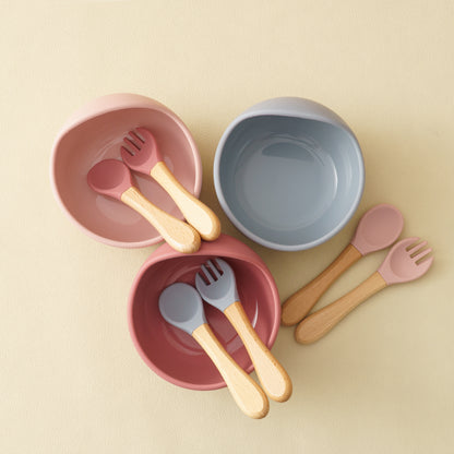 Baby Feeding Bowl Set Silicone, Children Tableware Suction Bowl Set, Wood Spoon Fork Learning Dishes, Baby Stuff