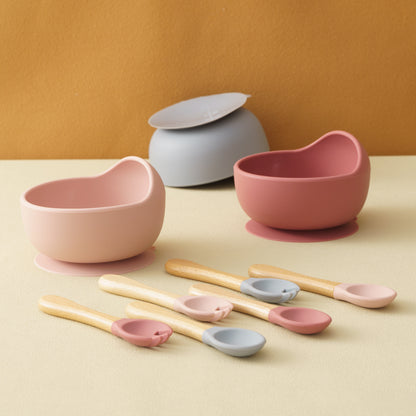 Baby Feeding Bowl Set Silicone, Children Tableware Suction Bowl Set, Wood Spoon Fork Learning Dishes, Baby Stuff