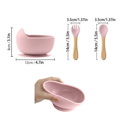 Baby Feeding Bowl Set Silicone, Children Tableware Suction Bowl Set, Wood Spoon Fork Learning Dishes, Baby Stuff