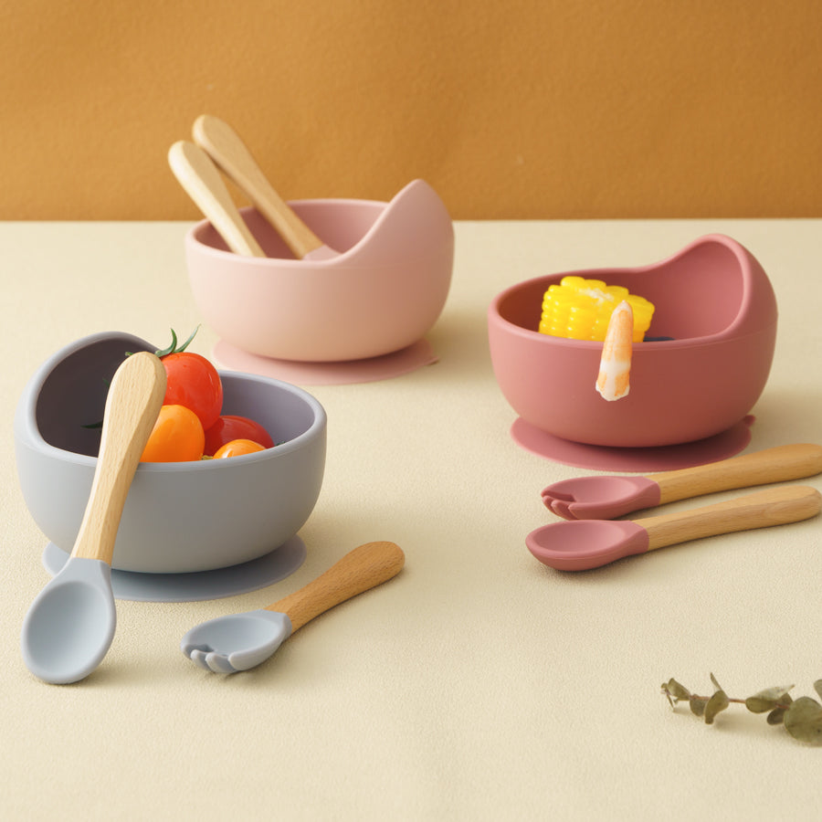 Baby Feeding Bowl Set Silicone, Children Tableware Suction Bowl Set, Wood Spoon Fork Learning Dishes, Baby Stuff