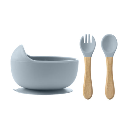 Baby Feeding Bowl Set Silicone, Children Tableware Suction Bowl Set, Wood Spoon Fork Learning Dishes, Baby Stuff