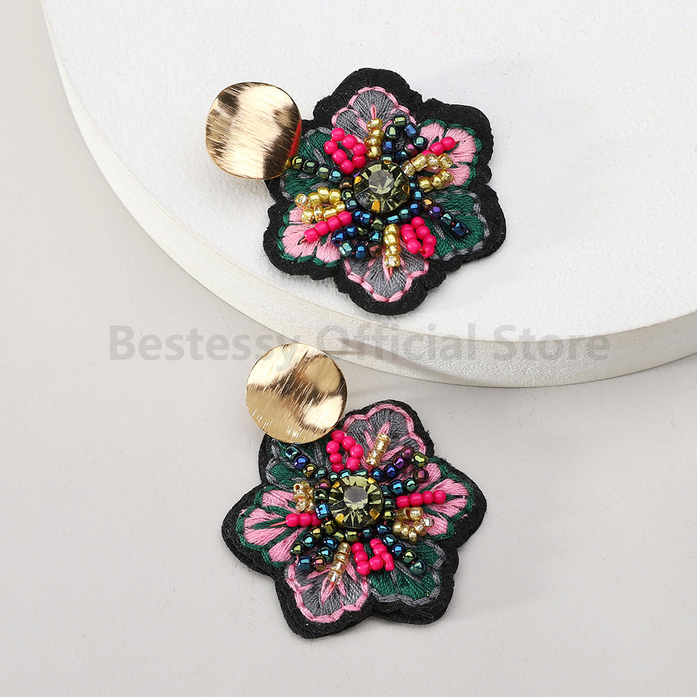 Elegant Handmade Embroidered Flower Dangle Earrings, Boho Luxury, Colorful Rice Beads Jewelry