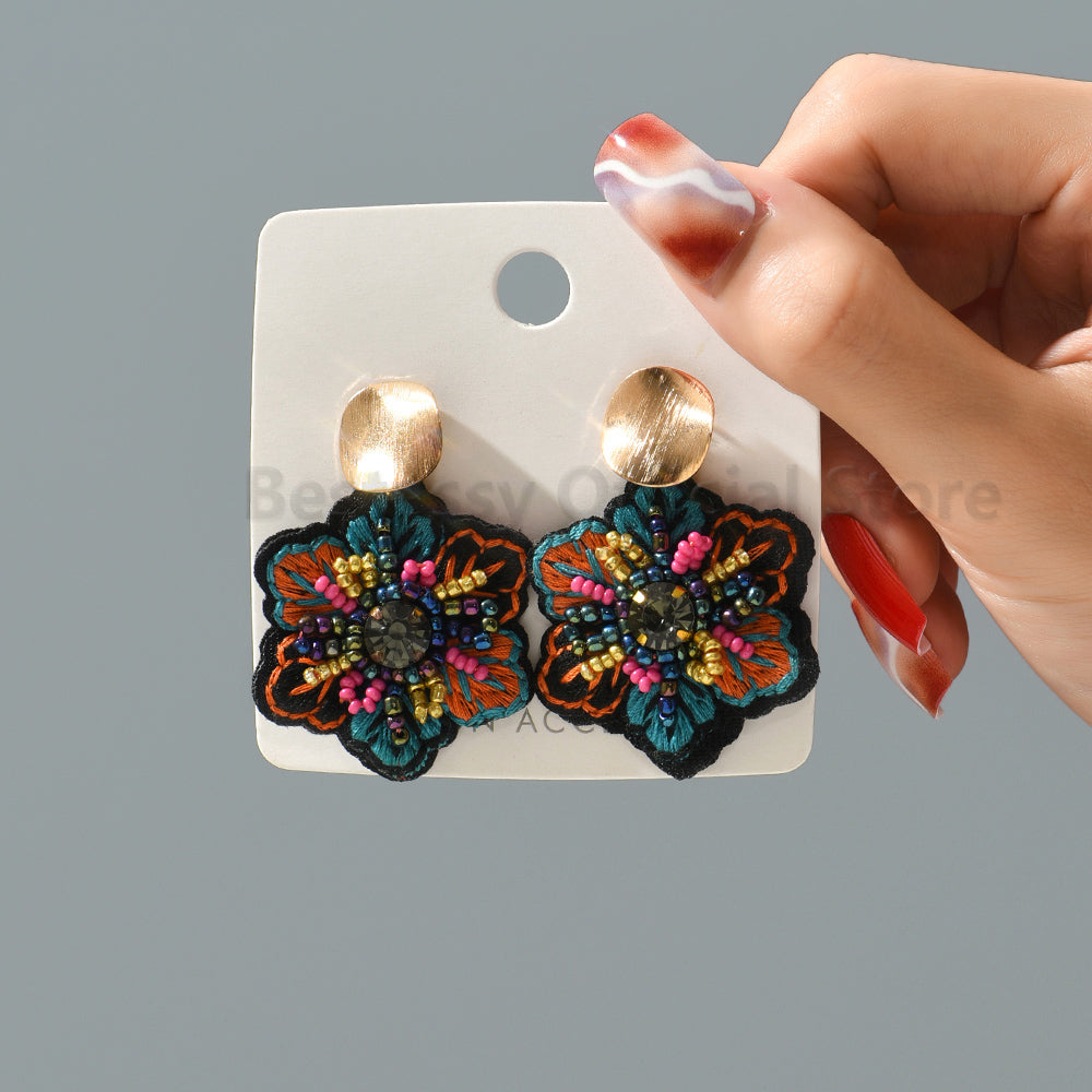 Elegant Handmade Embroidered Flower Dangle Earrings, Boho Luxury, Colorful Rice Beads Jewelry