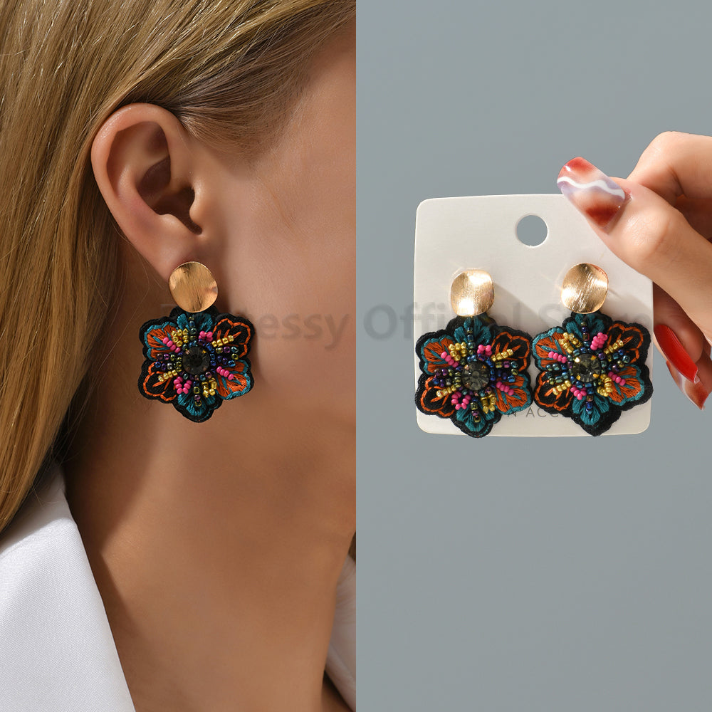Elegant Handmade Embroidered Flower Dangle Earrings, Boho Luxury, Colorful Rice Beads Jewelry