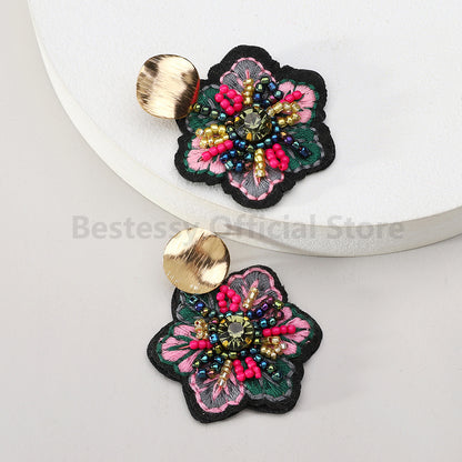 Elegant Handmade Embroidered Flower Dangle Earrings, Boho Luxury, Colorful Rice Beads Jewelry