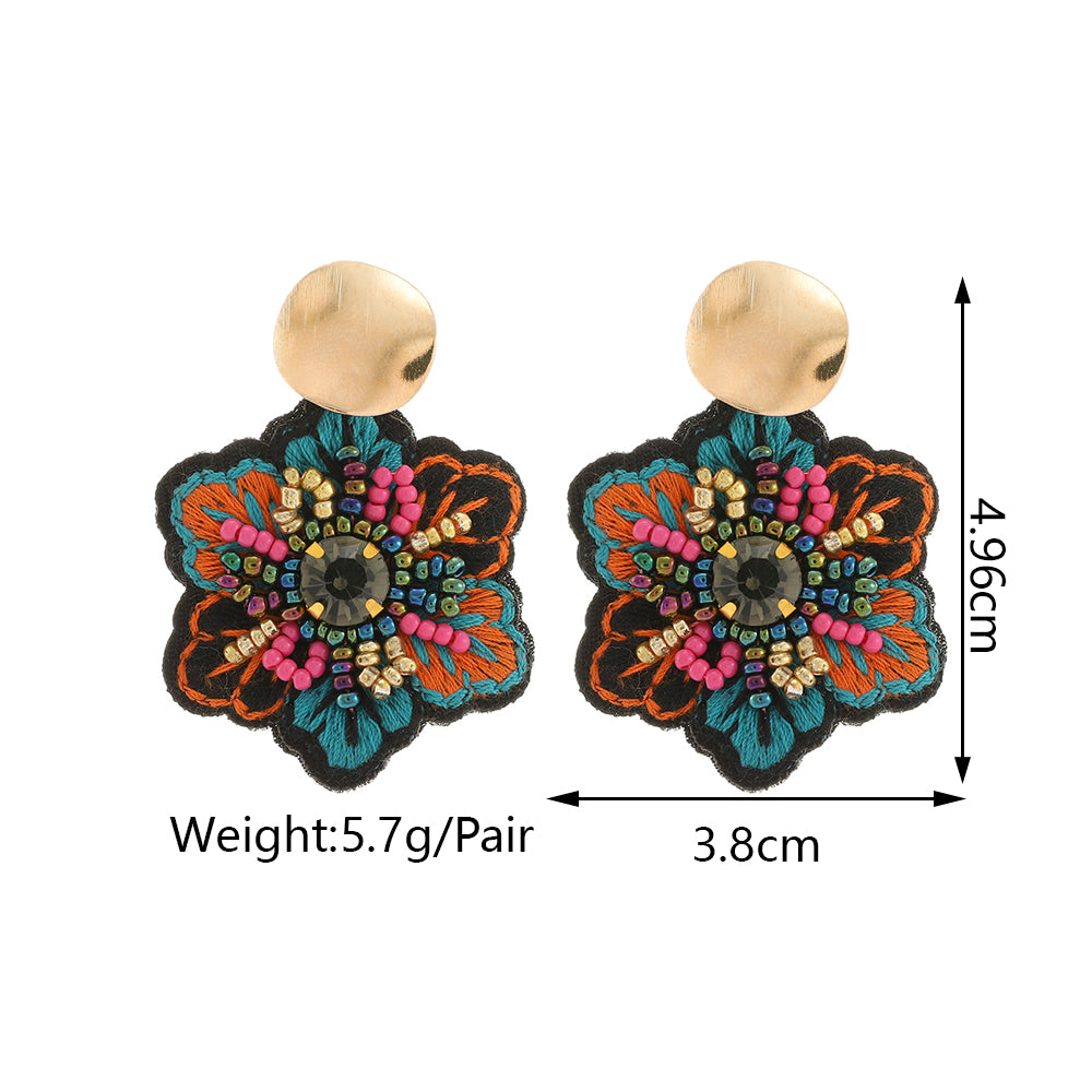 Elegant Handmade Embroidered Flower Dangle Earrings, Boho Luxury, Colorful Rice Beads Jewelry