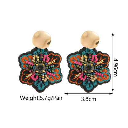 Elegant Handmade Embroidered Flower Dangle Earrings, Boho Luxury, Colorful Rice Beads Jewelry