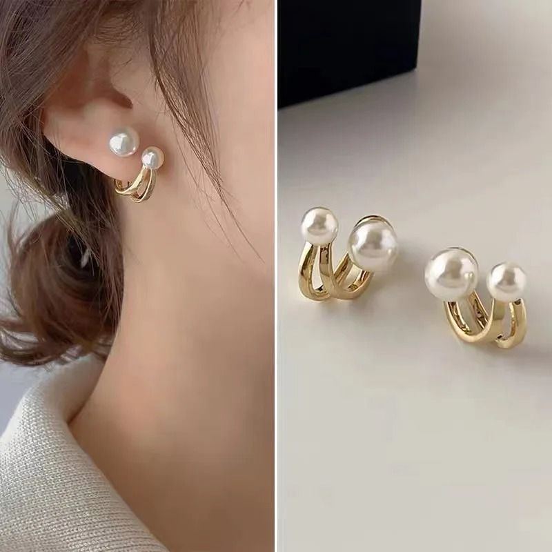 Irregular Pearl Double Hoop Stud Earrings