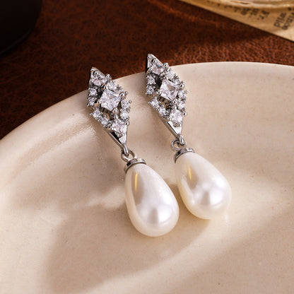 Pearls Bridal Earrings Fashion Geometric Zircon Teardrop Jewelry Silver Gold Color Accessories For  1