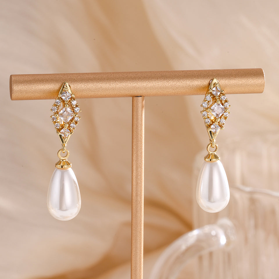 Pearls Bridal Earrings Fashion Geometric Zircon Teardrop Jewelry Silver Gold Color Accessories For  3