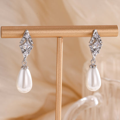 Pearls Bridal Earrings Fashion Geometric Zircon Teardrop Jewelry Silver Gold Color Accessories For  4