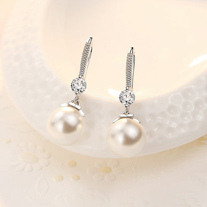 Luxury Crystal Zircon Pearl Earrings in Fine Sterling Silver for Women Engagement Wedding Jewelry Gift