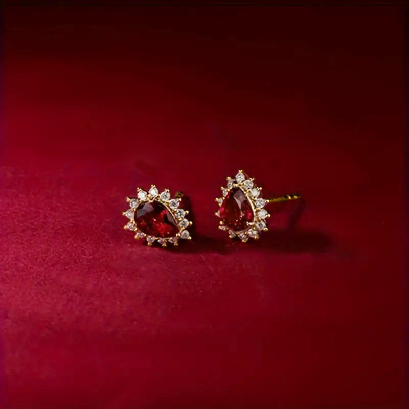 Elegant Gold Color Earrings Female Delicate Fashion Jewelry, Huitan Charming Red Stud Wedding Accessories Gift