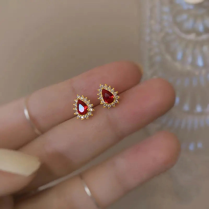 Elegant Gold Color Earrings Female Delicate Fashion Jewelry, Huitan Charming Red Stud Wedding Accessories Gift