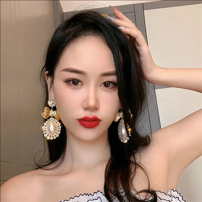 Oversize Water Drop Pearl Earrings Vintage Gold Bowknot Crystal Statement Jewelry Dangle Earrings S 1