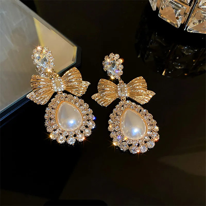 Oversize Water Drop Pearl Earrings Vintage Gold Bowknot Crystal Statement Jewelry Dangle Earrings S 2
