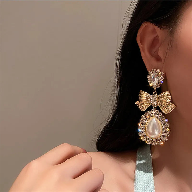 Oversize Water Drop Pearl Earrings Vintage Gold Bowknot Crystal Statement Jewelry Dangle Earrings S 3