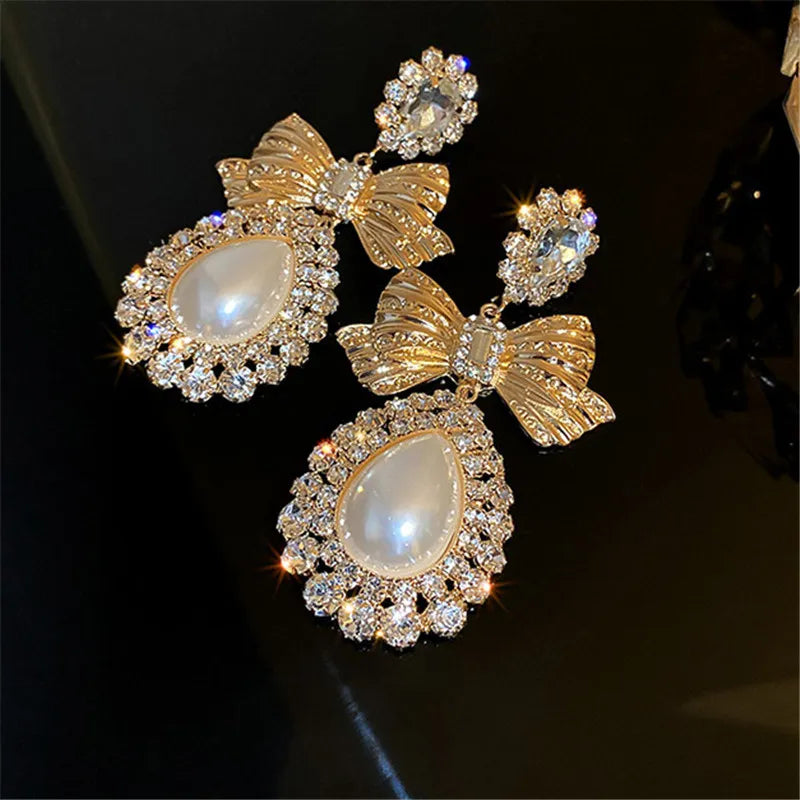Oversize Water Drop Pearl Earrings Vintage Gold Bowknot Crystal Statement Jewelry Dangle Earrings S 4