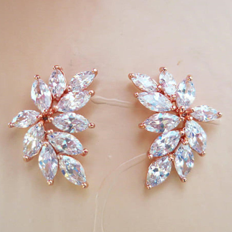 Huitan Chic Leaf Stud Earrings Delicate Accessories with Marquise Cubic Zirconia for Wedding Party Jewelry