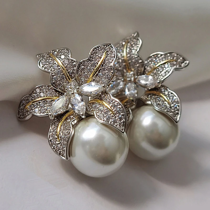 Women Luxury Inlaid Sparkling Stone Earrings, Gorgeous Flower Imitation Pearl, Fashion Wedding Jewelry