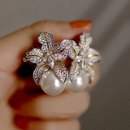 Women Luxury Inlaid Sparkling Stone Earrings Gorgeous Flower Imitation Pearl Fashion Wedding Jewelr 1