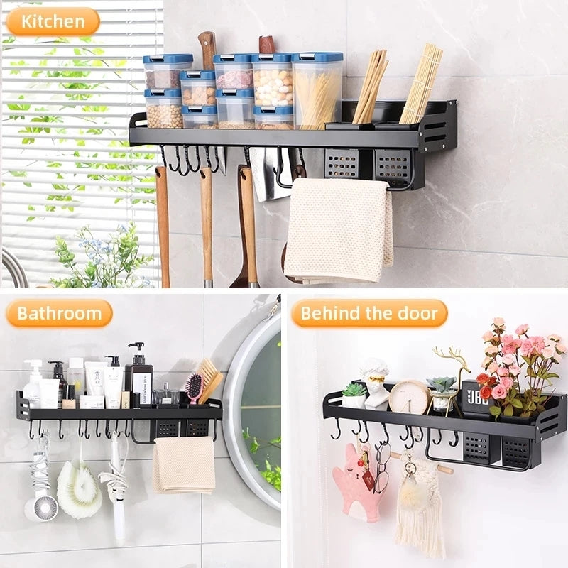 Wall-mounted Kitchen Organizer Shelf, Spice Storage Rack, Knife Holder & Seasoning Shelf for Chopsticks, Spoons, Shovel