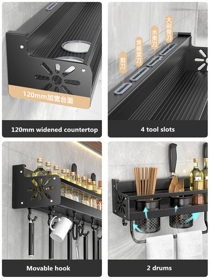 Wall-mounted Kitchen Organizer Shelf, Spice Storage Rack, Knife Holder & Seasoning Shelf for Chopsticks, Spoons, Shovel