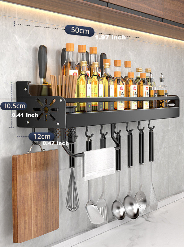 Wall-mounted Kitchen Organizer Shelf, Spice Storage Rack, Knife Holder & Seasoning Shelf for Chopsticks, Spoons, Shovel