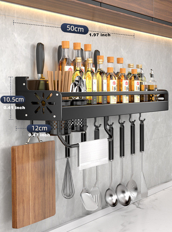 Wall-mounted Kitchen Organizer Shelf, Spice Storage Rack, Knife Holder & Seasoning Shelf for Chopsticks, Spoons, Shovel