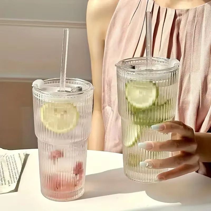 StripeGlass 20oz Glass Cup with Lid and Straw – Transparent Drinking Glass for Juice, Water & Iced Coffee