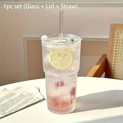 StripeGlass 20oz Glass Cup With Lid And Straw  Transparent Drinking Glass For Juice Water  Iced Cof 1