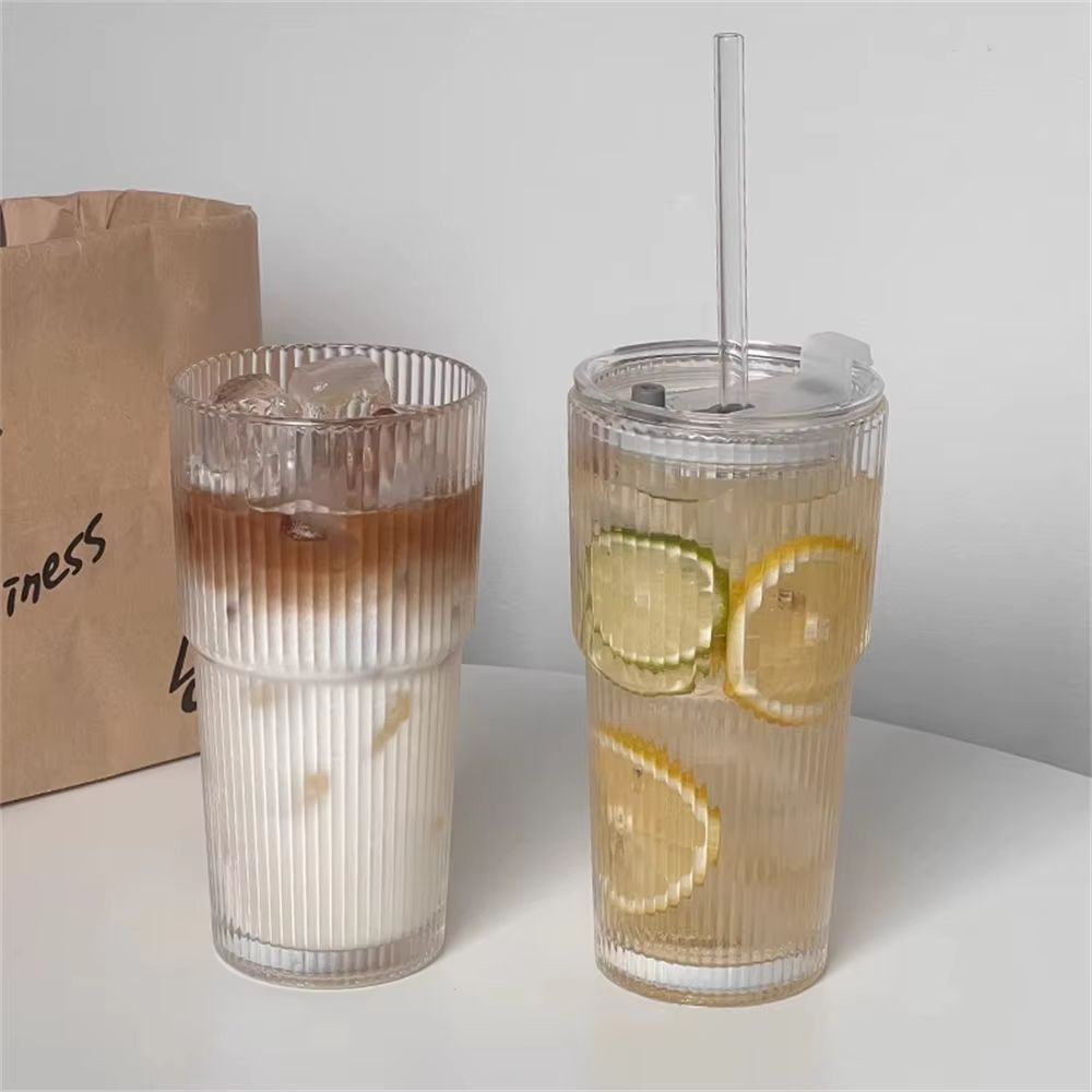 StripeGlass 20oz Glass Cup With Lid And Straw  Transparent Drinking Glass For Juice Water  Iced Cof 4