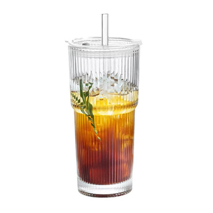 StripeGlass 20oz Glass Cup With Lid And Straw  Transparent Drinking Glass For Juice Water  Iced Cof 6