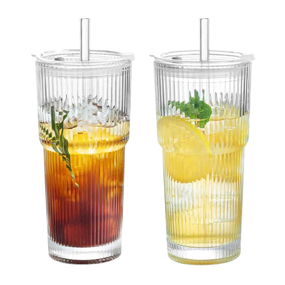 StripeGlass 20oz Glass Cup With Lid And Straw  Transparent Drinking Glass For Juice Water  Iced Cof 8