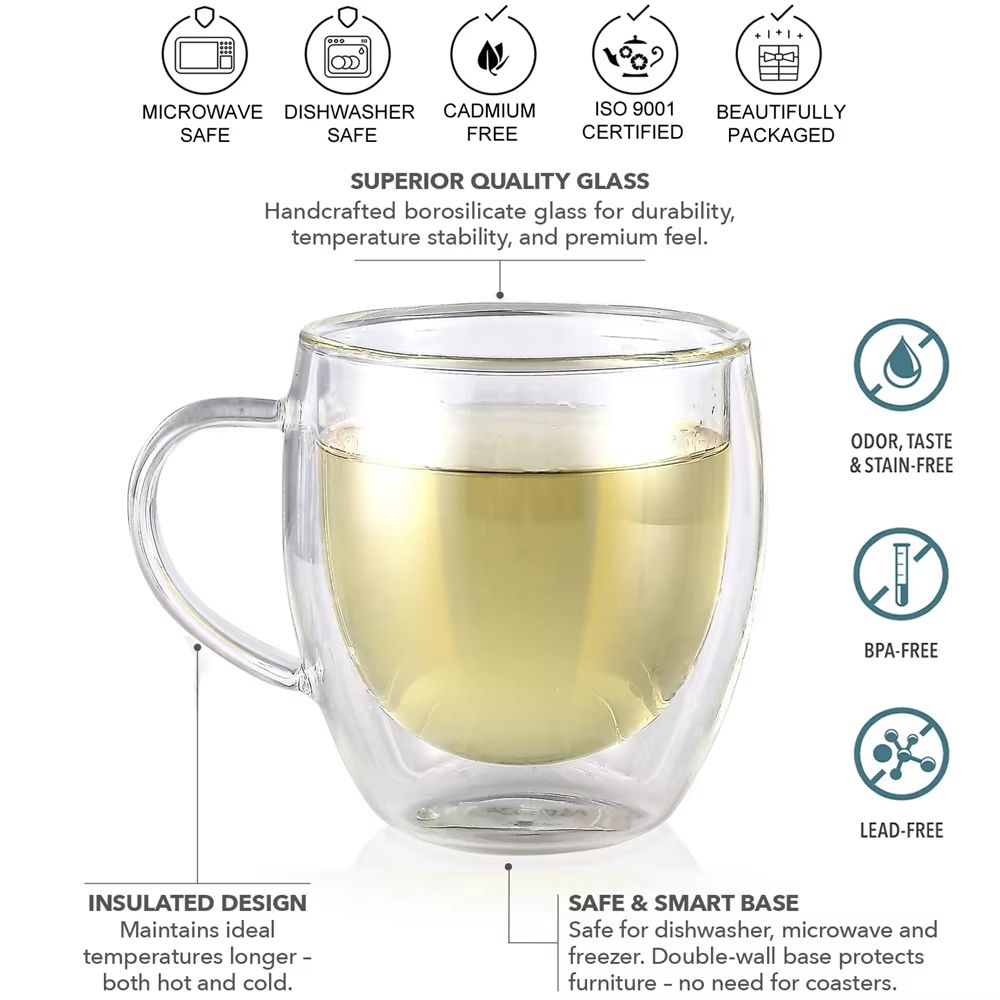 ClearSip Double Walled Borosilicate Glass Cup With Handle  8oz  12oz  16oz Drinking Mug For Coffee  4