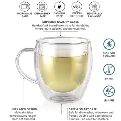 ClearSip Double Walled Borosilicate Glass Cup With Handle  8oz  12oz  16oz Drinking Mug For Coffee  4