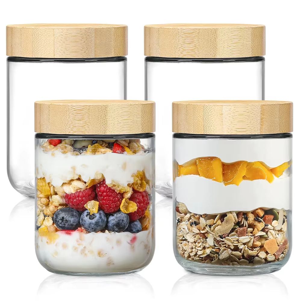 EcoJar 16oz Airtight Glass Jars with Bamboo Lids – 4-Pack Storage Set for Overnight Oats, Snacks, Yogurt & Salad