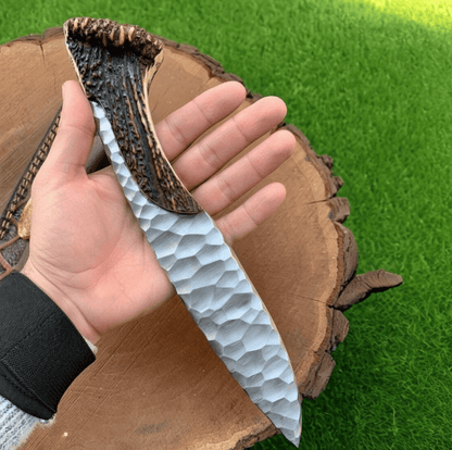 HandForged Carbon Steel Hunting Knife 11  Deer Antler Handle  Full Tang Blade W Leather Sheath 5