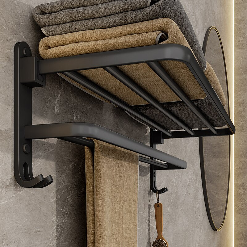 Matte Black Wall Mount Aluminium Towel Rack, Folding Holder With Hook