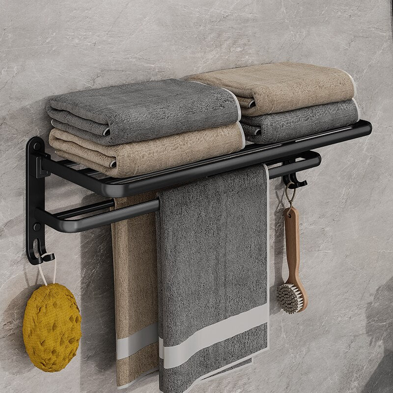 Matte Black Wall Mount Aluminium Towel Rack, Folding Holder With Hook