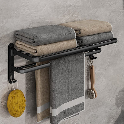 Matte Black Wall Mount Aluminium Towel Rack, Folding Holder With Hook