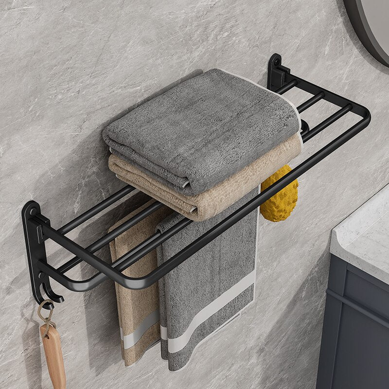 Matte Black Wall Mount Aluminium Towel Rack, Folding Holder With Hook